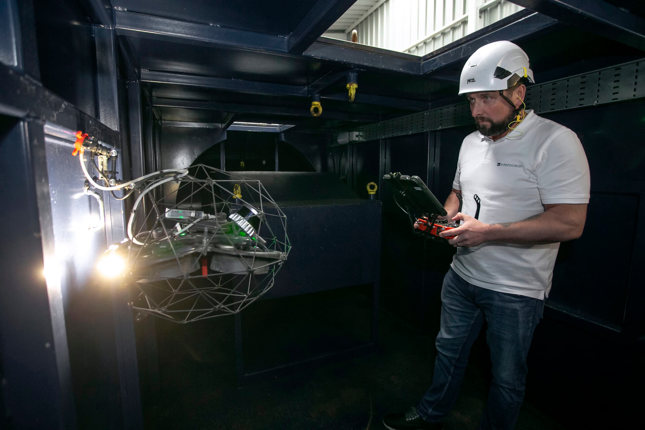 Interocean NDT Inspector / UAV Pilot, Alex Wilson, demonstrating the Elios 3 UT drone.